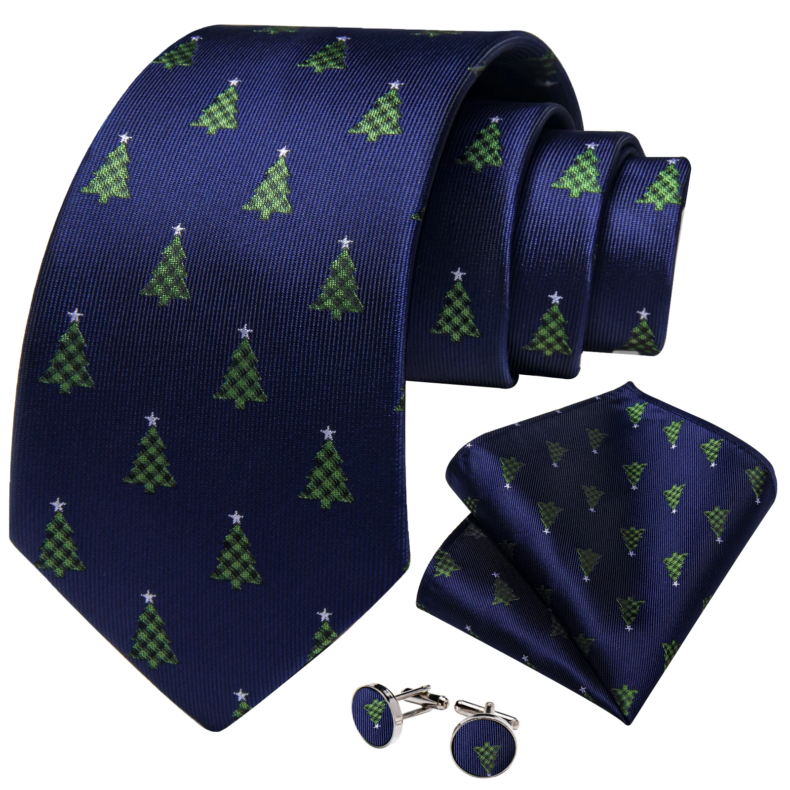 Luxury Men's Tie Christmas Necktie Pocket Square Cufflinks Set Christmas Tree Blue for Male Men Wedding Business Party Gift