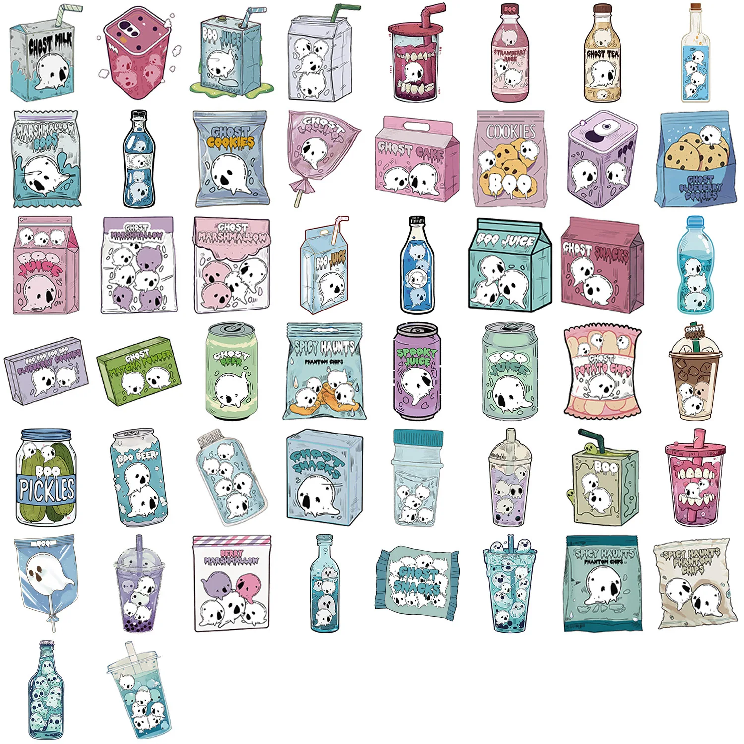 50 szt. Naklejek z motywem Halloween, graffiti z jedzeniem, wodoodporne, na telefon komórkowy, laptop, bagaż, gitarę, notatnik, zabawki dla dzieci
