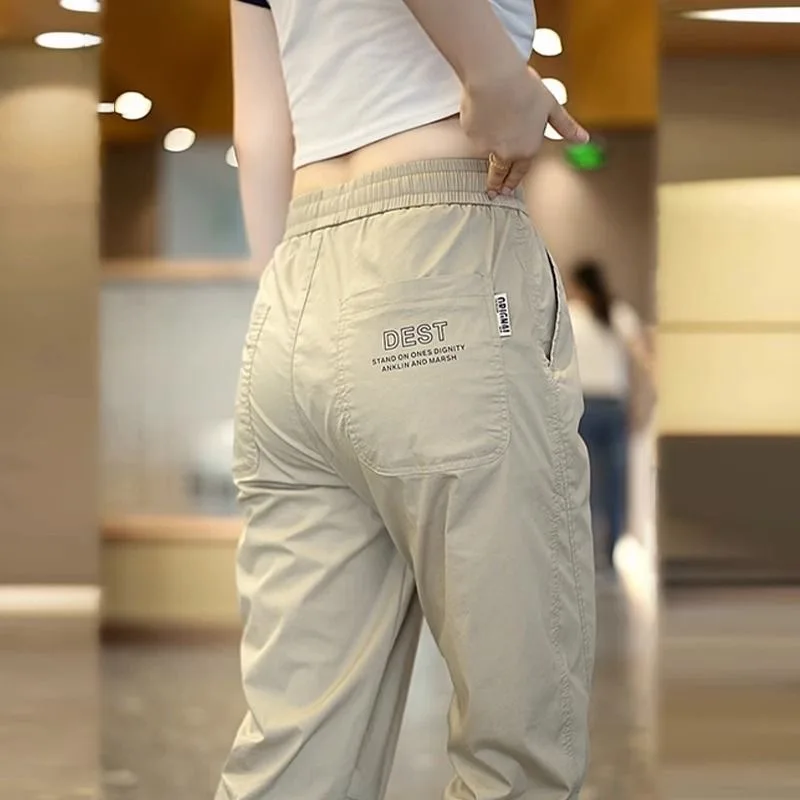 

Мужские повседневные брюки из ледяного шелка, летние тонкие спортивные брюки с манжетами, свободные спортивные штаны с девятью ногами, молодежные витали, цвет хаки