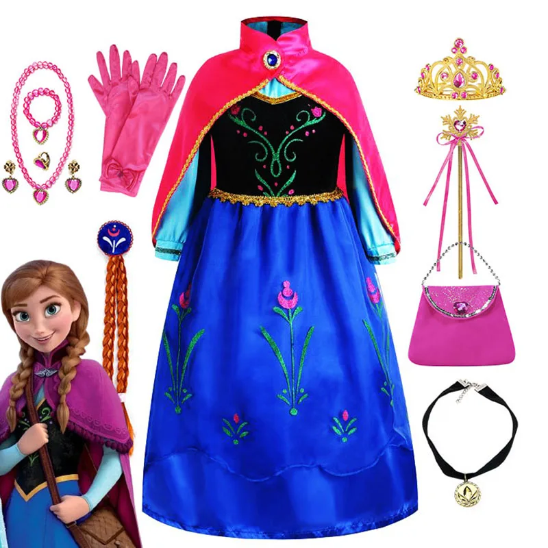 Abito da principessa Anna ispirato alla Frozen con mantello fucsia Costume da sorella di Elsa della regina delle nevi per ragazze Gioca a abiti reali di carnevale per bambini