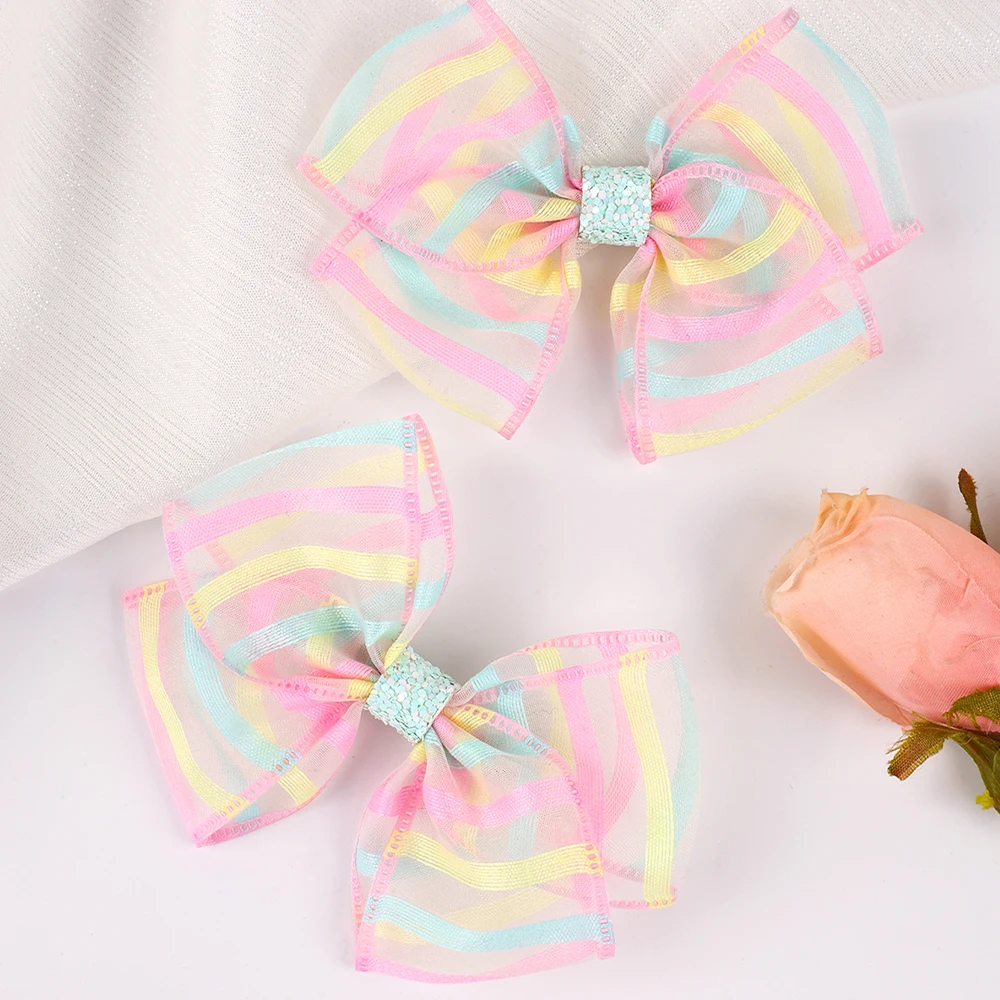 2pcs Mini Rainbow Colorful Mesh Bow Hair Clip Bow Hair Clips for Toddler Girls Hair Accessories Kids Hair Accessories Headwear