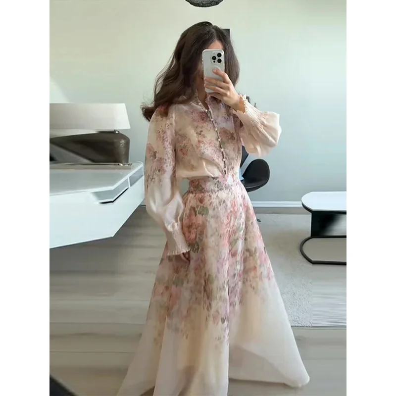 

Bonny Women's Flower Printed Shirts Skirts Suit Casual Long Sleeve Button Shirt Pleated Zippers Skirts 2025 Summer Lady Outfit