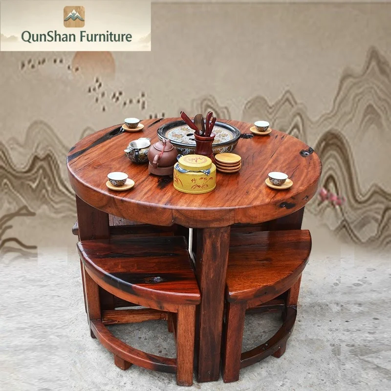 #Table Solid Wood Dining Table With Integrated Induction Cooker Round Commercial Hotpot