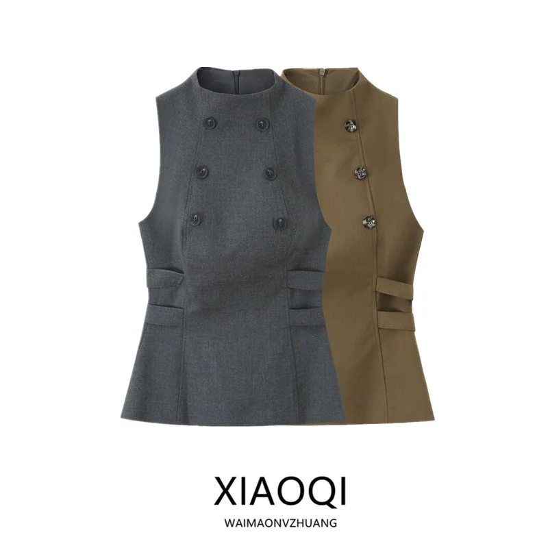 

Женский облегающий топ с высоким воротником и пуговицами, модный универсальный топ на бретельках, осень 2023, Новое поступление