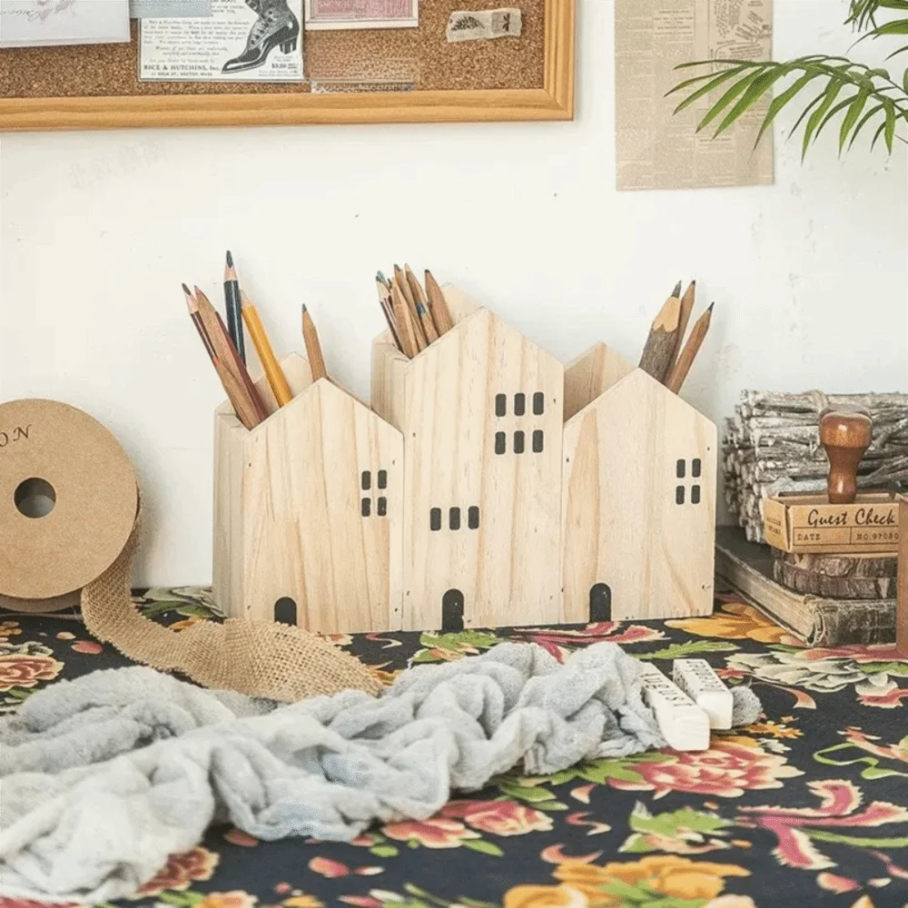 2PCS Wooden House Shape Pen Container Vintage Polished Surface Makeup Brush Storage Box Cartoon Cottage Shape Pen Holder Student