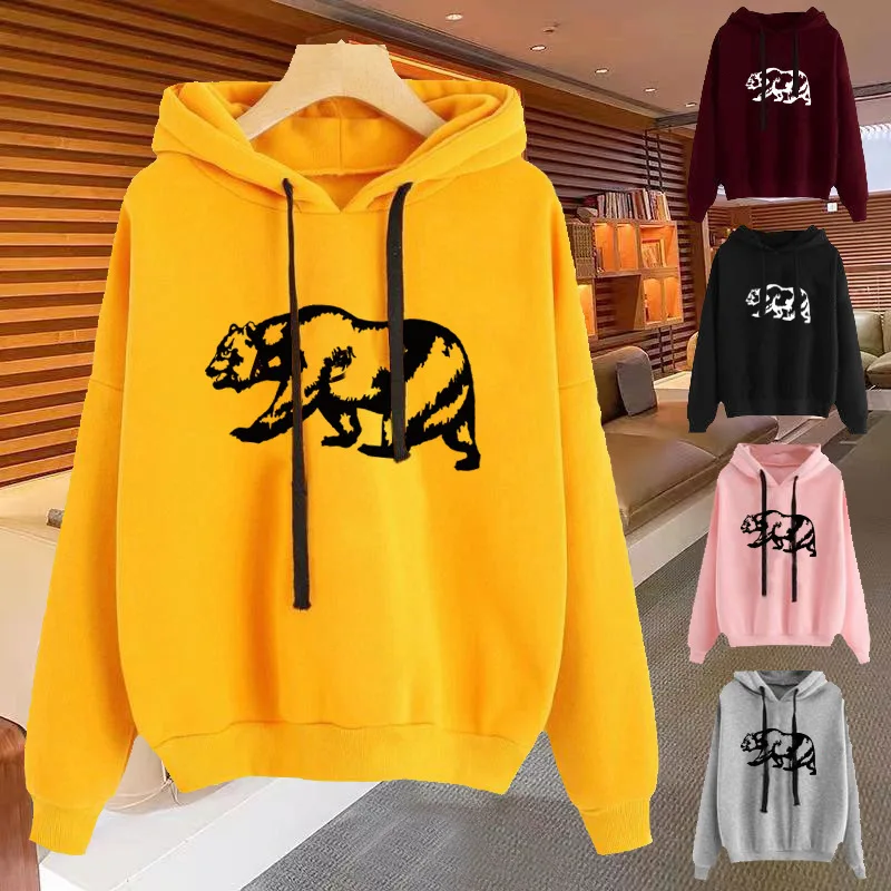 Autumn Hoodie Solid Color Bear Pattern Hooded Korean Fashion Sweatshirts Long Sleeve Top Drawstring Pockets Loose Hoodies