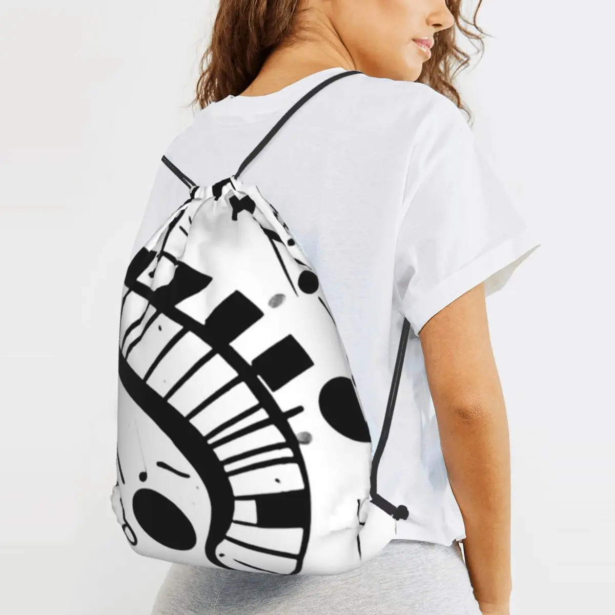 Abstract Piano Keys With Musical Notes Backpacks Portable Drawstring Bags Sports Bag Book Bags for Travel Students