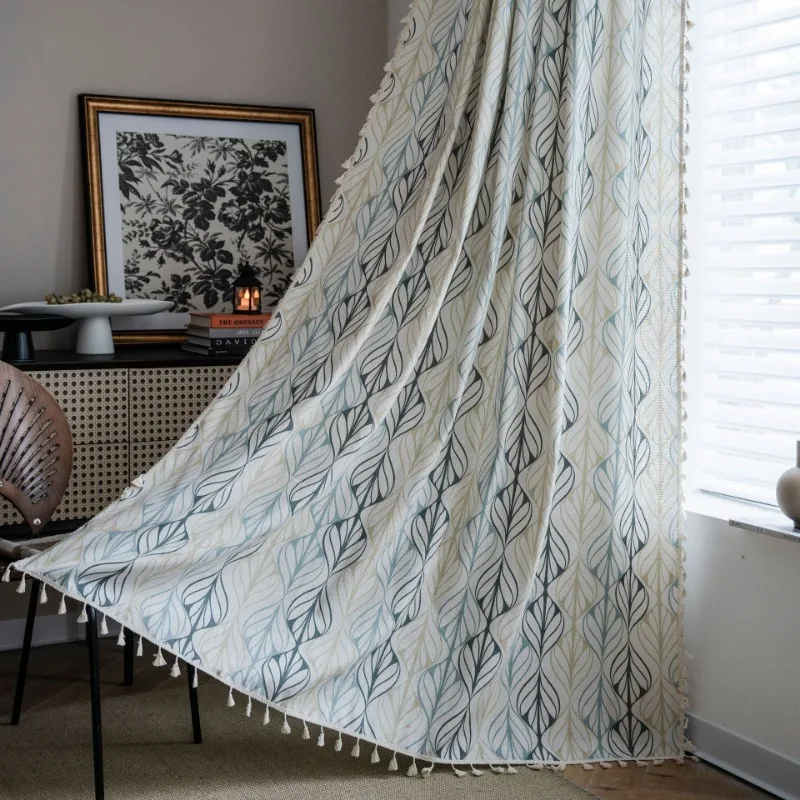 Floral Farmhouse Curtains Semi-Blackout Drapes Cotton Linen Bohemian Window Curtain with Tassel Beige Rod Pocket Bedroom Drapes