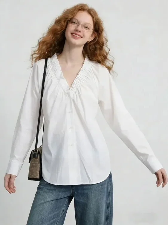 

ZhuoZhi Lazy Cool V-neck Shirt Loose Women's Spring New Style Breathable Long Sleeve French Style Loose Fit Casual Shirt