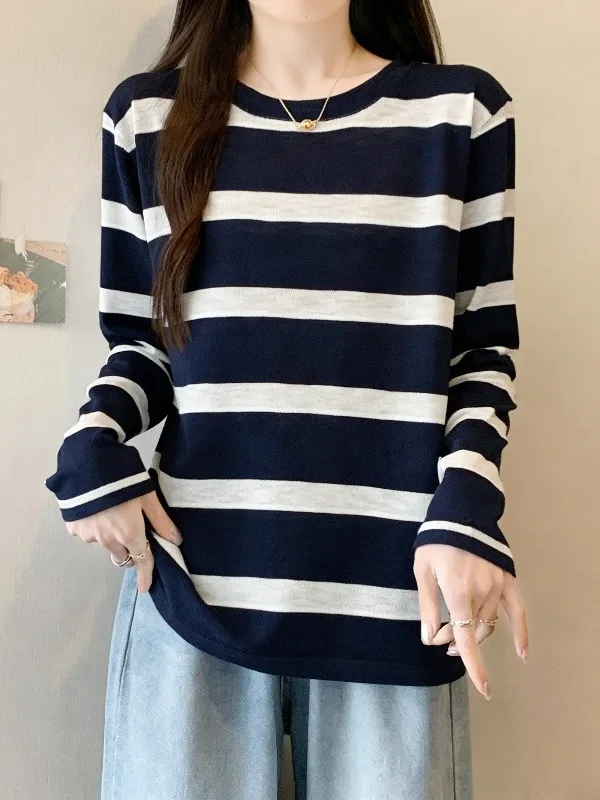 Black Stripe Long Sleeve T-Shirt Women's plus Size Slimming Belly Covering Base Shirt Top Korean Style Commute Fashion