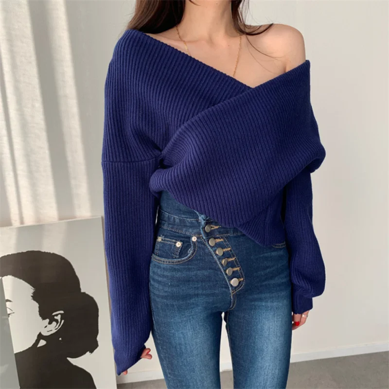 Spring Korean Chic Cross V-neck Off-shoulder Pullover Sweater Jumper White Blue Slim Short Knitwear Long Sleeve Women Knit Tops