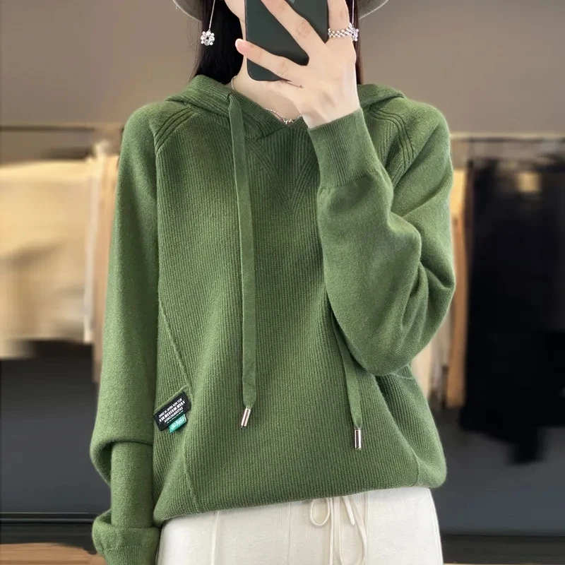 Korean Hoodies Cashmere Sweater 2024 New Spring Autumn Loose Solid Women\'s Hooded Knitted Pullover Women Casual Knitwear Tops