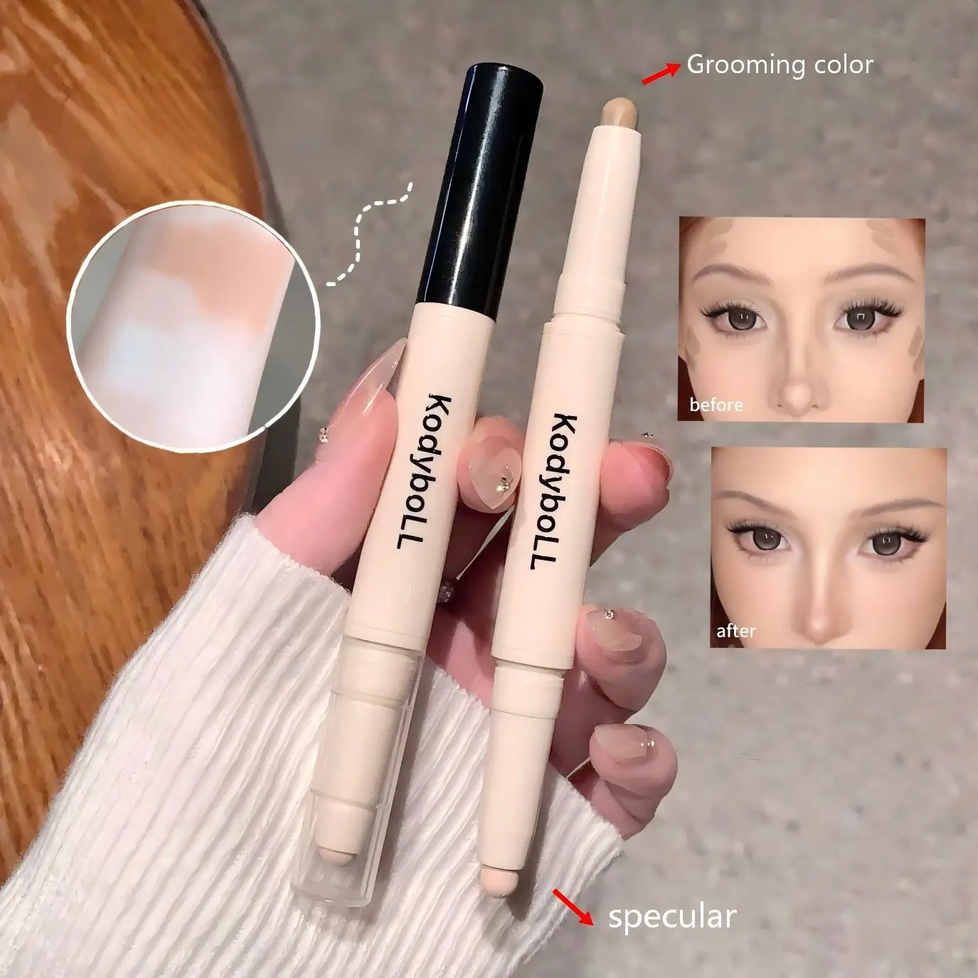 Double headed facial grooming stick with high bald head, three-dimensional contour holding makeup, natural makeup repair