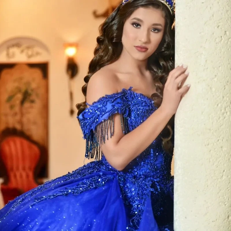 Royal Blue Princess Quinceanera Dresses Ball Gown Off The Shoulder Appliques Beaded Sweet 16 Dresses 15 Años Mexican