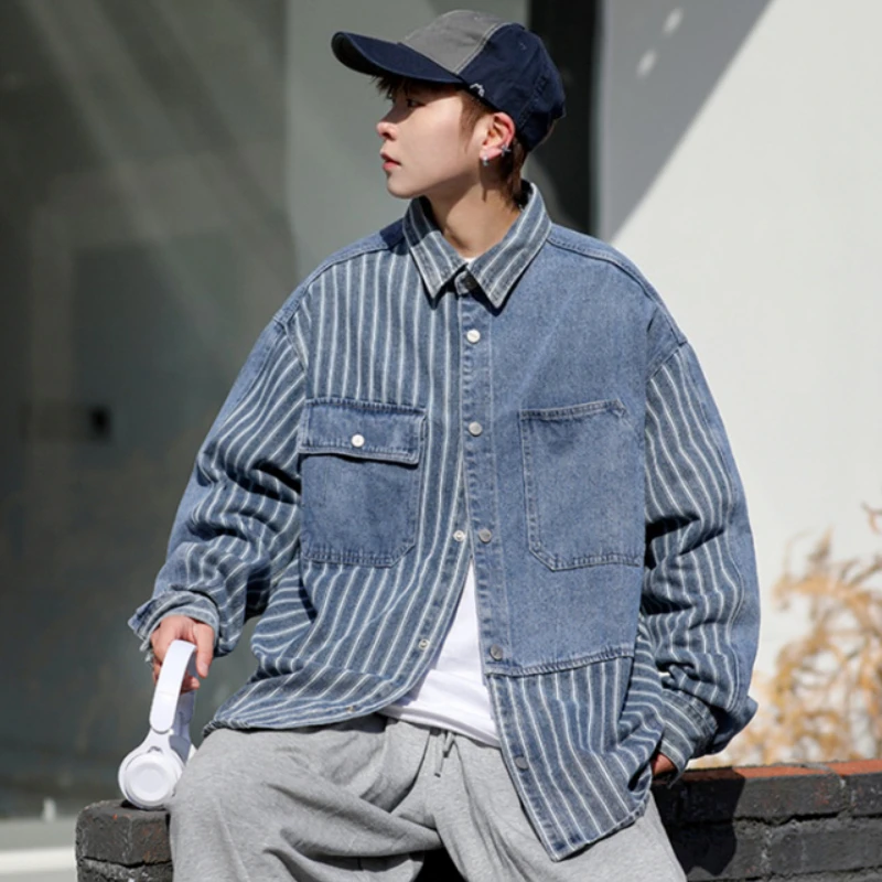 Manteau de Cowboy à rayures pour hommes, vêtements à livraison rapide, Cowgirl à bord du tissu, vestes en Denim amples élastiques de styliste Rock pour hommes