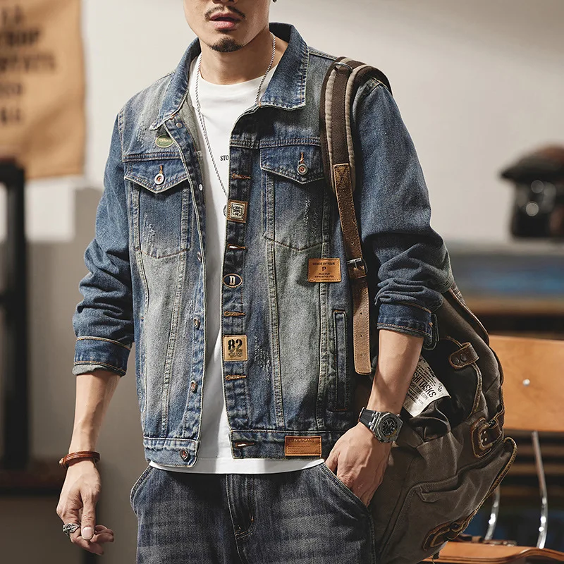 

Men's Vintage Denim Jacket with Patches, Retro Pilot Biker Style for an Edgy Look