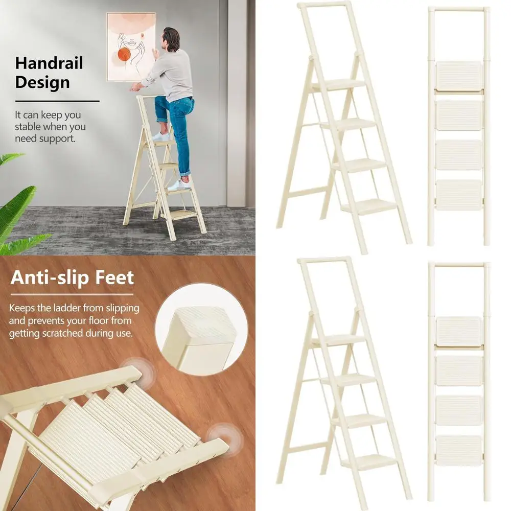 

Складная 4-ступенчатая лестница с противоскользящими ступеньками, широкими ступеньками и компактным дизайном для дома и кухни (белая)