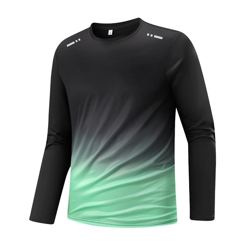 Round neck long sleeved gradient T-shirt, quick drying breathable sportswear, unisex sports fashion top 3D printed