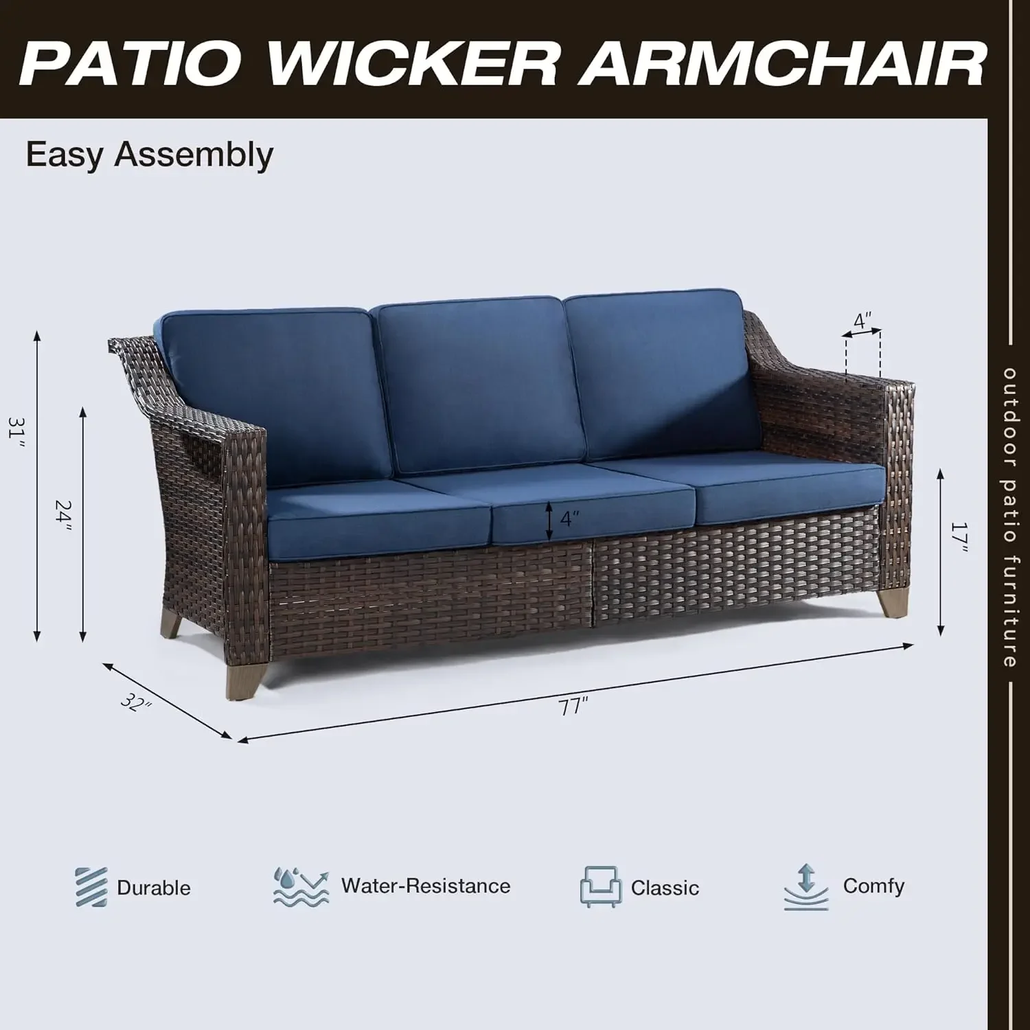 Sofa, All Weather Outdoor Rattan Wicker 3-Seat Sofa High Back Couch with Premium Cushions for Garden Backyard Porch(Brown/Navy)