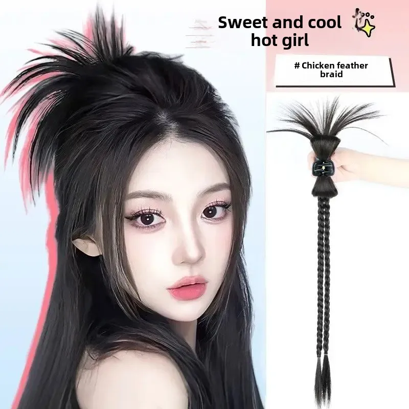 Laid-Back Style Half-Pinned Chicken Feather Hairpin Braided Pigtails New Spicy Girl Lazy Hair Clip Extension Asian Synthetic Tai