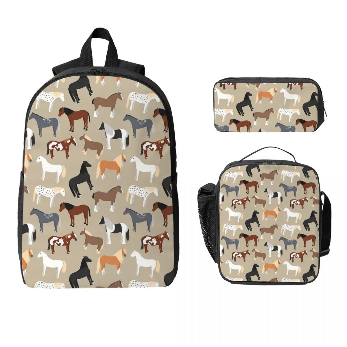 

Horse Breeds Pattern Backpack Student Boys Girls BookBag School Bag Laptop Shoulder Bags 3ps Insulated Lunch Bag Pencil Case