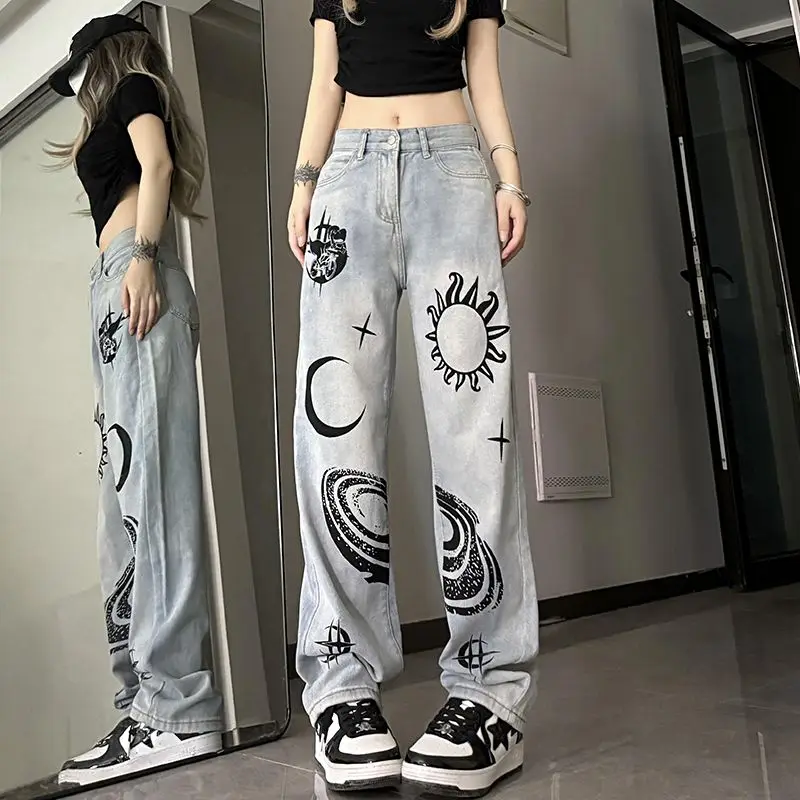 High Street Fashion Print High Waist Jeans Women\'s Button Pocket Zipper Trendy Versatile Slim Loose Covering Meat Straight Pants