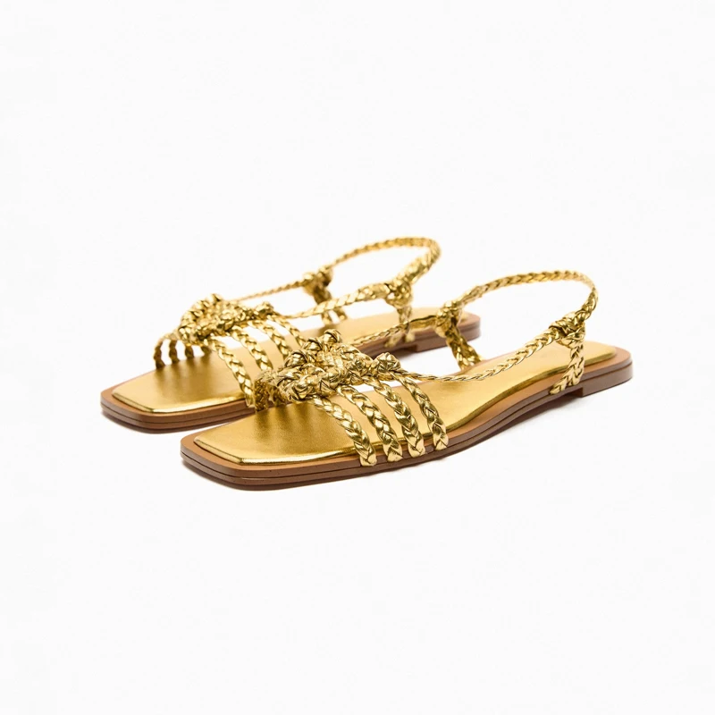 2023 Summer Modern Sandals Women New Fashion Braided Gold Roman Sandals Female Casual Flats Sandals Bohemian Shoes Woman Slides