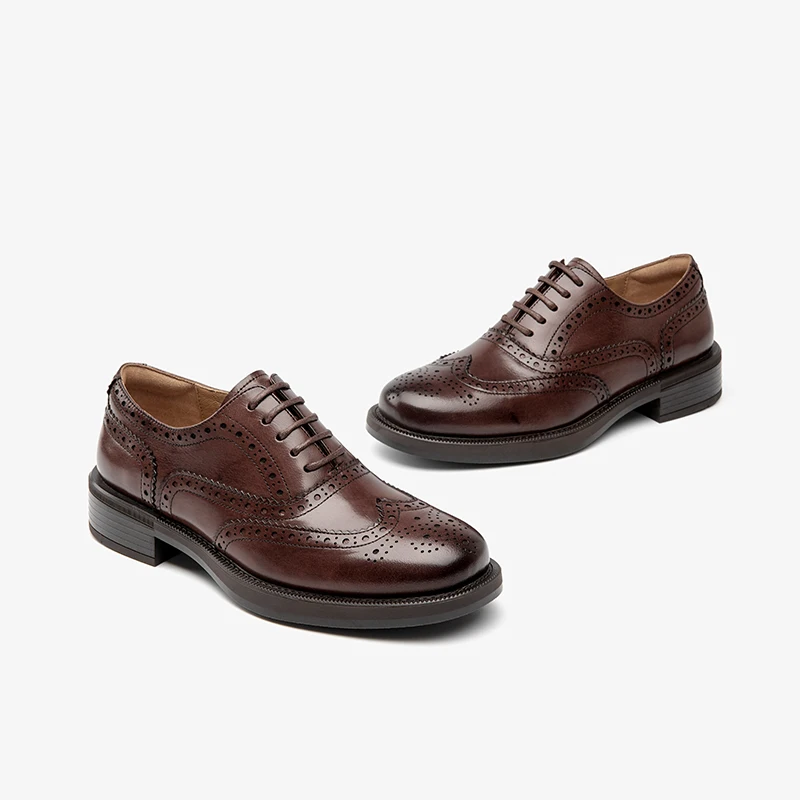 BEAUTODAY Retro Oxfords Women Calfskin Leather Solid Color Round Toe Brogue Flats Lace-Up Ladies Dress Shoes Handmade 21533