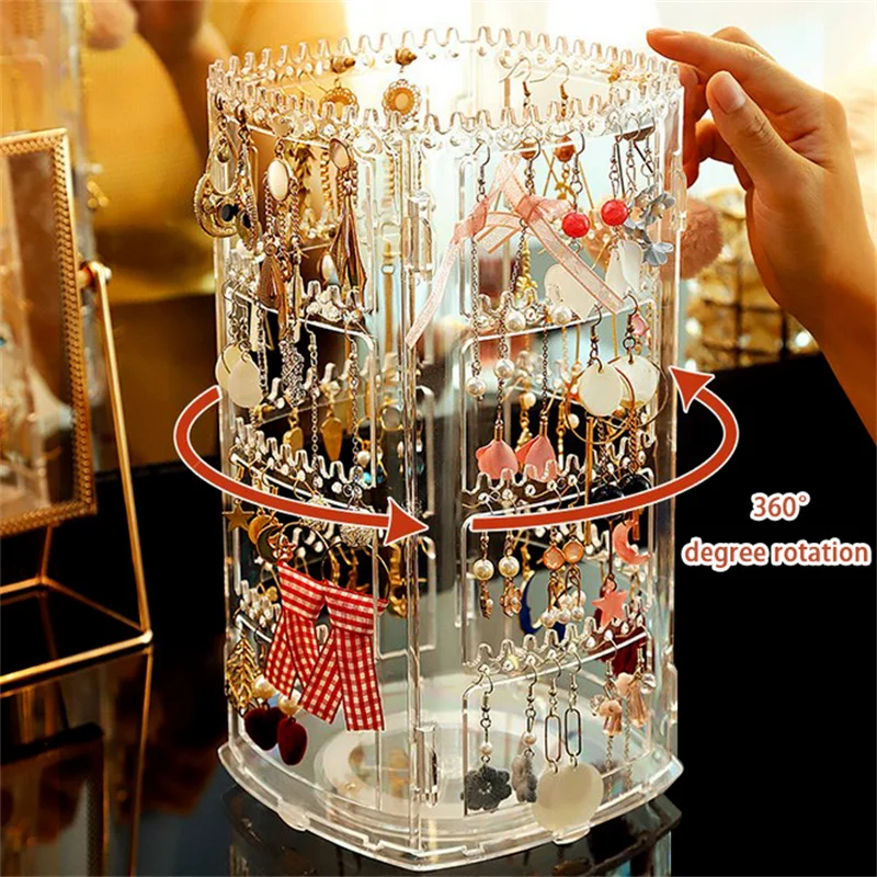 360 Degree Rotating Jewelry Storage Box 2024 Earring Display Stand Plastic Earring Organizer Holder Showcase Jewelry Makeup Case