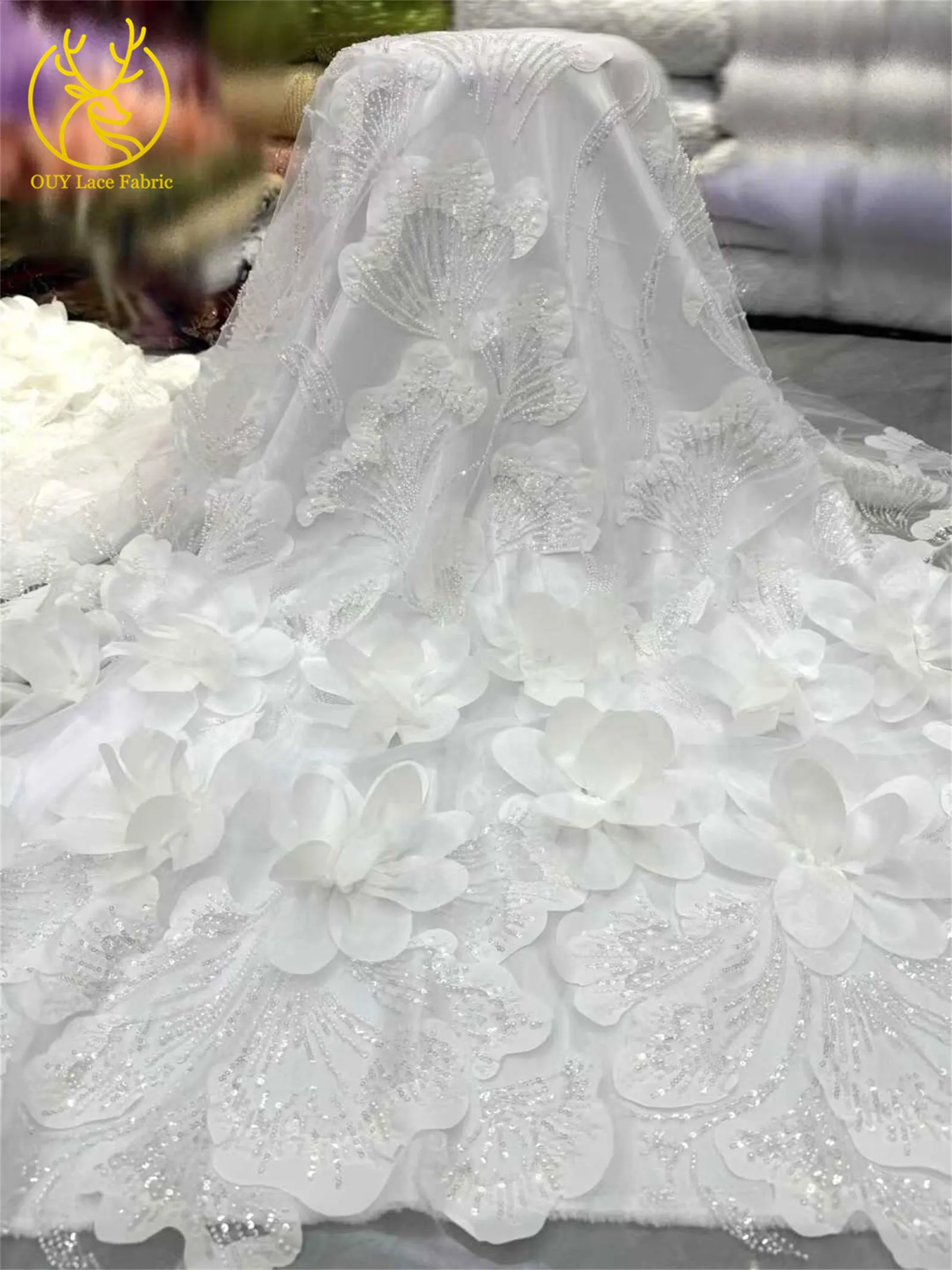 3D Popular African Floral Beaded Sequined Lace Fabric 2026 High-Quality Nigerian Green Tulle Lace Fabric for Wedding Dresses