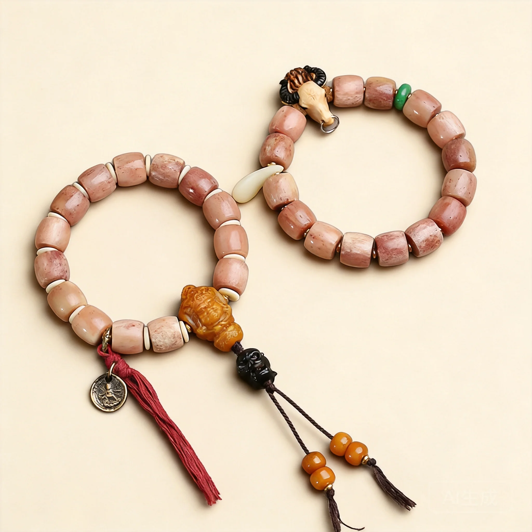 Chinese Style Lucky Fortune Blessing Natural Camel Bone Barrel Beaded Bracelet Yellow God Of Wealth Carved Pendant Wrist Jewelry