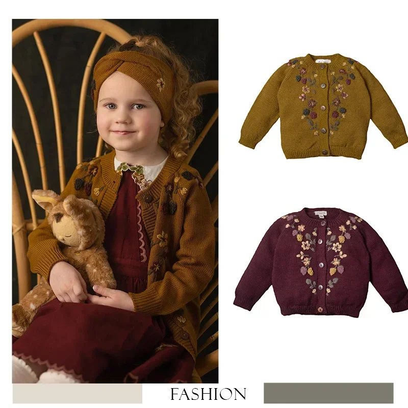 2024 Kids Girl Coats Vintage Boutique Knit Sweaters Jacket Children Embroidery Outfits Girls Knitted Cardigan for Winter Autumn image 2