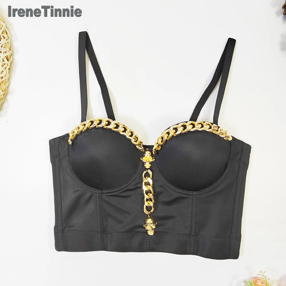 IRENE TINNIE 2024 Gold Skull Chain Skinny Fishbone Femme Corset Crop Tank Tops with Built In Bras Club Costume Multicolor Vest