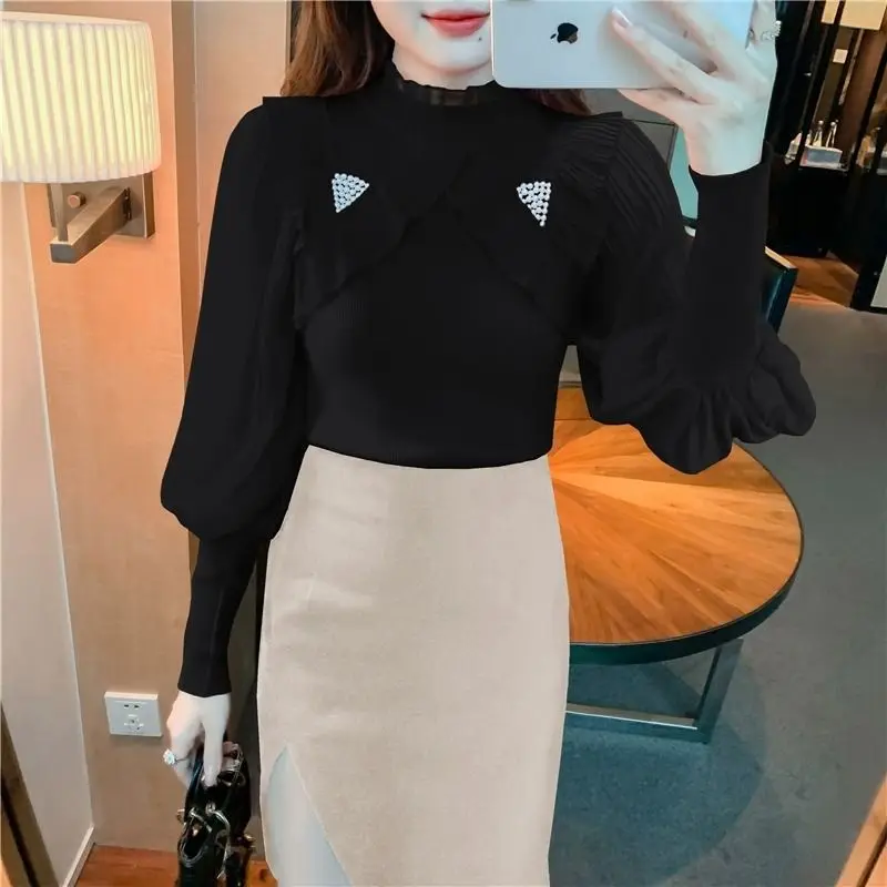 Women Fashion Ruffled Beaded Chic Sweet Knitted Blouses 2024 Spring Autumn Half High Collar Long Sleeve Slim Pullover Basic Tops