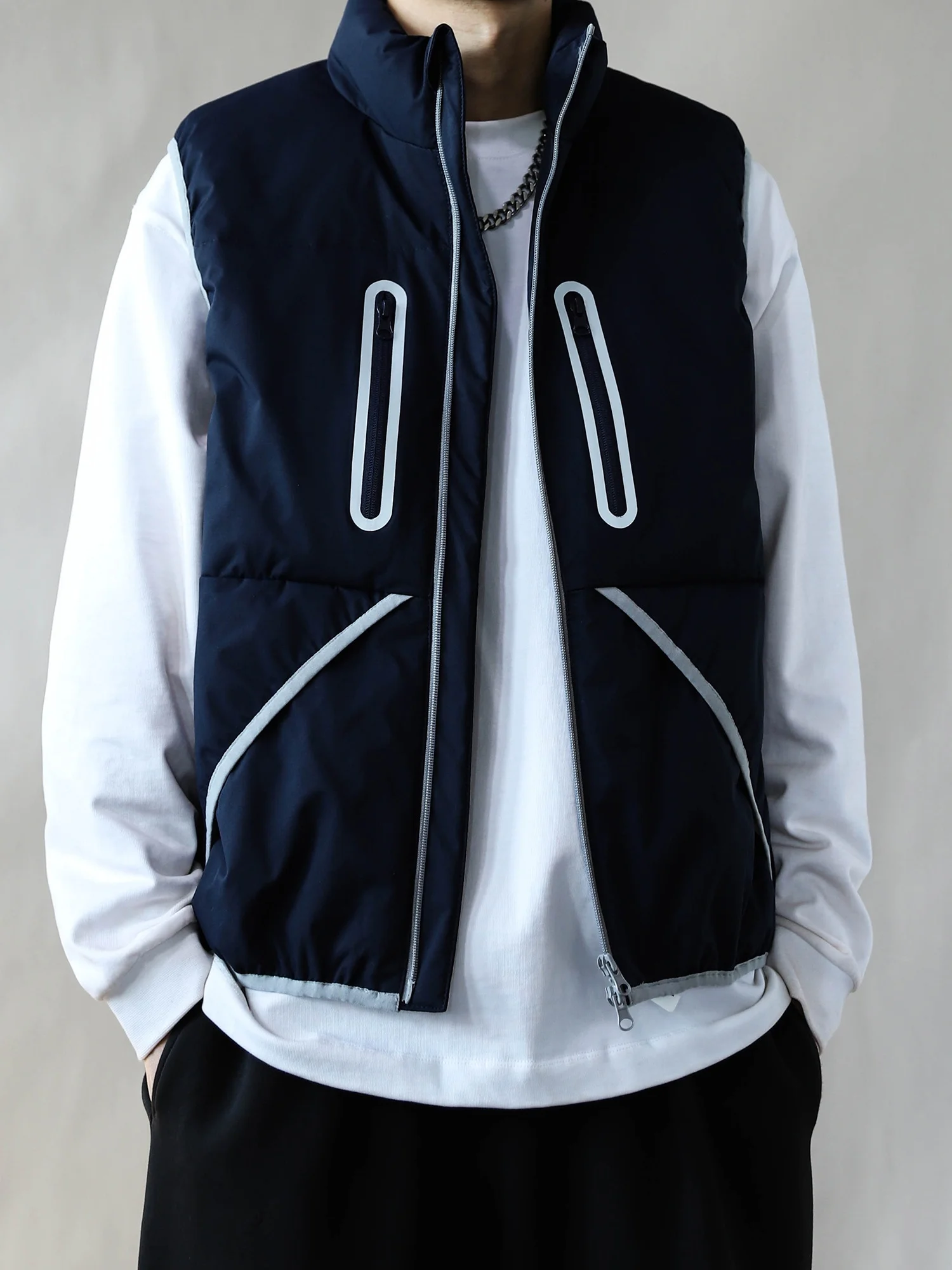 

Утепленный мужской жилет свободного кроя с воротником-стойкой, ветрозащитный, синий, молодежный, модный, на молнии