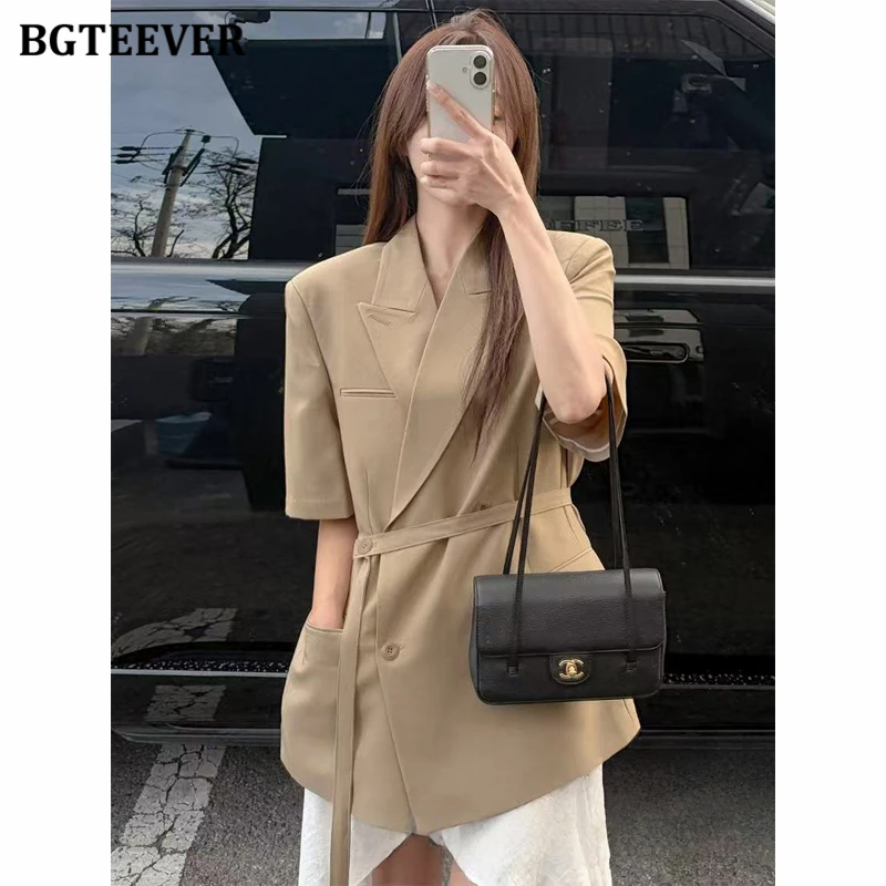 

BGTEEVER Korean-style Minimalist Single-breasted Belted Short-sleeved Suit Jacket for Women Summer Thin Blazer