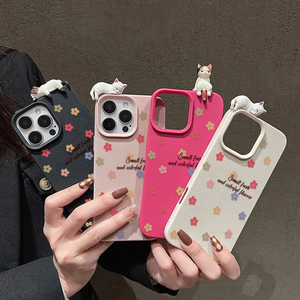 

Cute 3D Cat Leather Phone Case For iPhone 16 Pro Max Case iPhone 17 15 13 11 12 14 Pro Max 17 Air Lychee Pattern Flower Cover