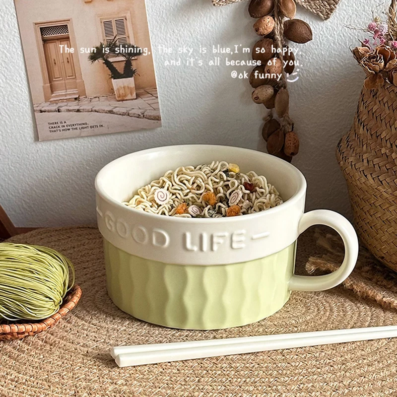 Cuenco de fideos instantáneos de cerámica nórdica, cuencos con letras de alta gama con mango de tapa, tazón de sopa con bloqueo de Color, vajilla de cafetería para estudiantes