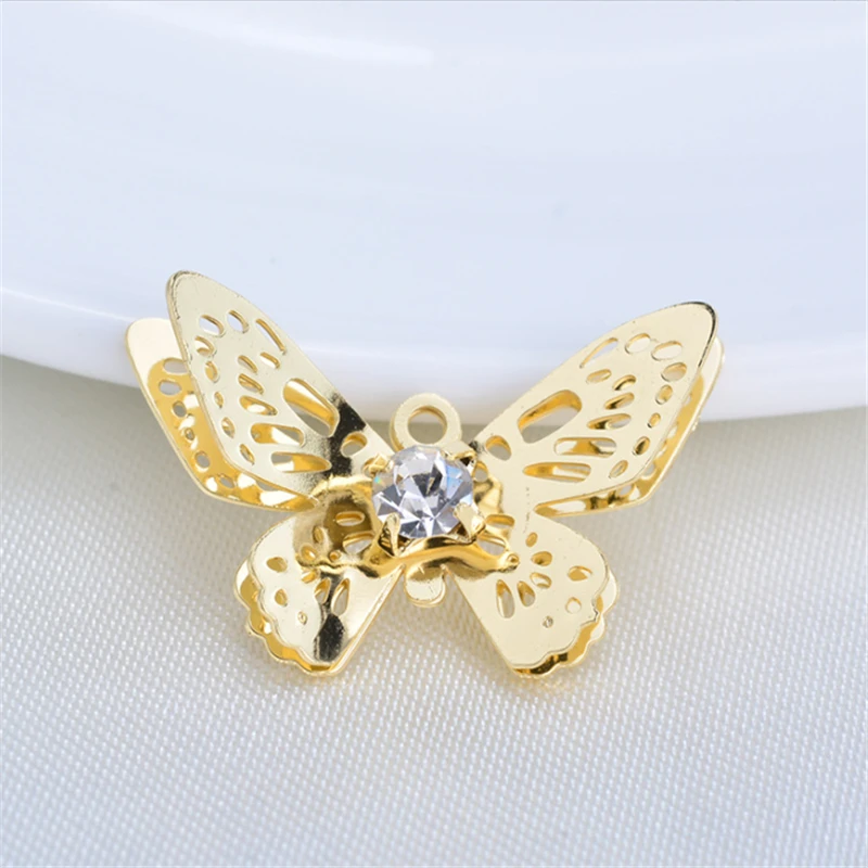 2Pieces New 18K Gold Color Plated Brass CZ Crystal Butterfly Beads Charms For DIY Necklace Pendant Jewelry Making Accessories