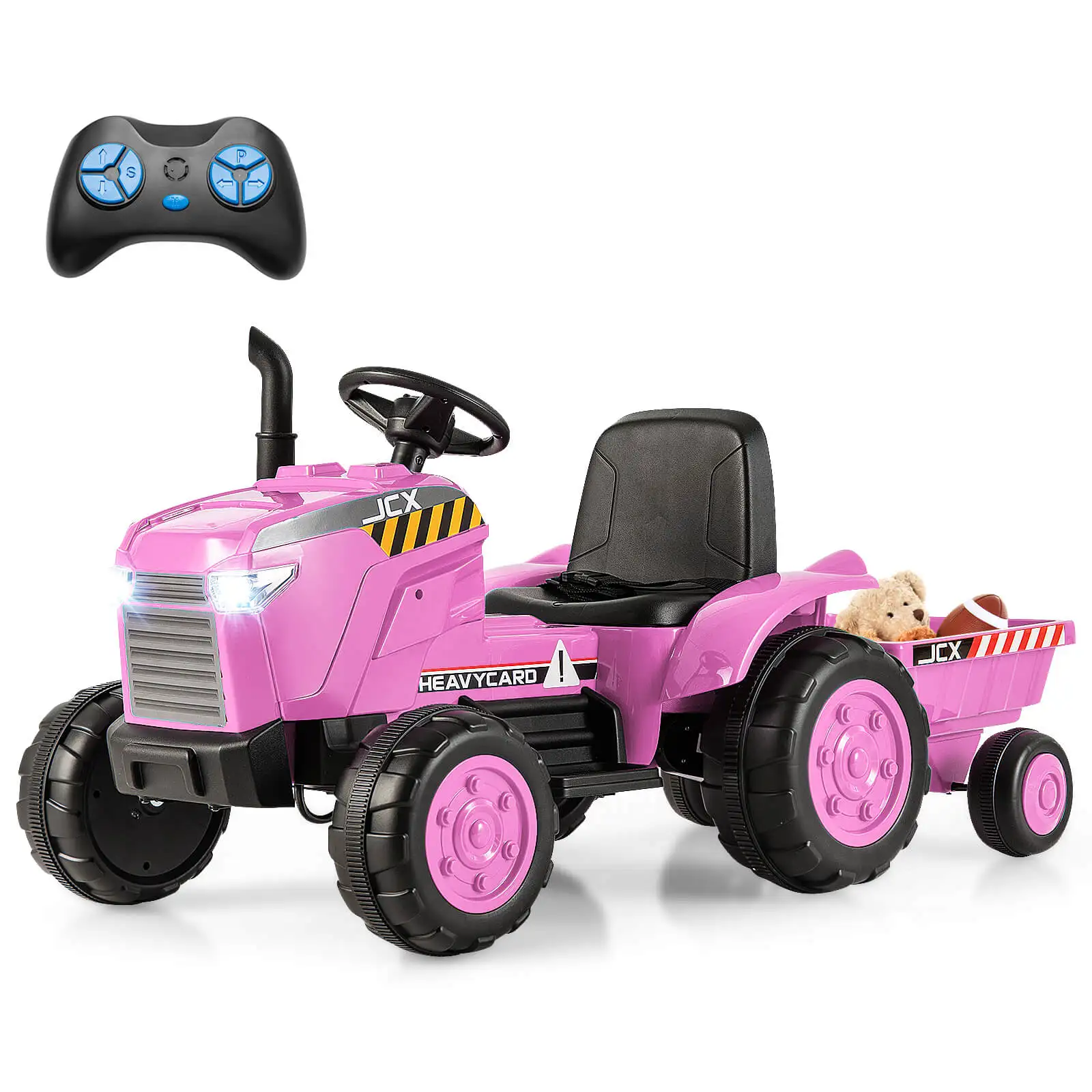 2-in-1 Electric Toy Car 12V Kids Ride On Tractor w/Trailer Remote Control Lights