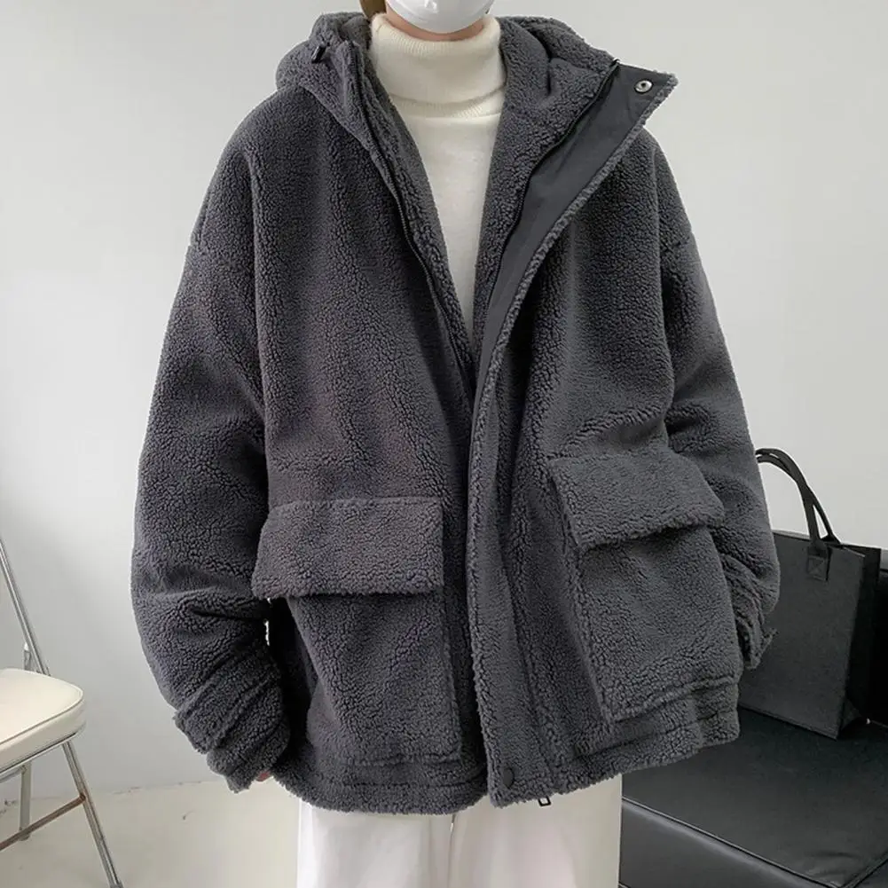 Imitation Lamb Wool Men Sweatshirt Hooded Cotton Jacket Big Pocket Cargo Dark Grey Sherpa Jacket Fluffy Loose Faux Lamb Jacket