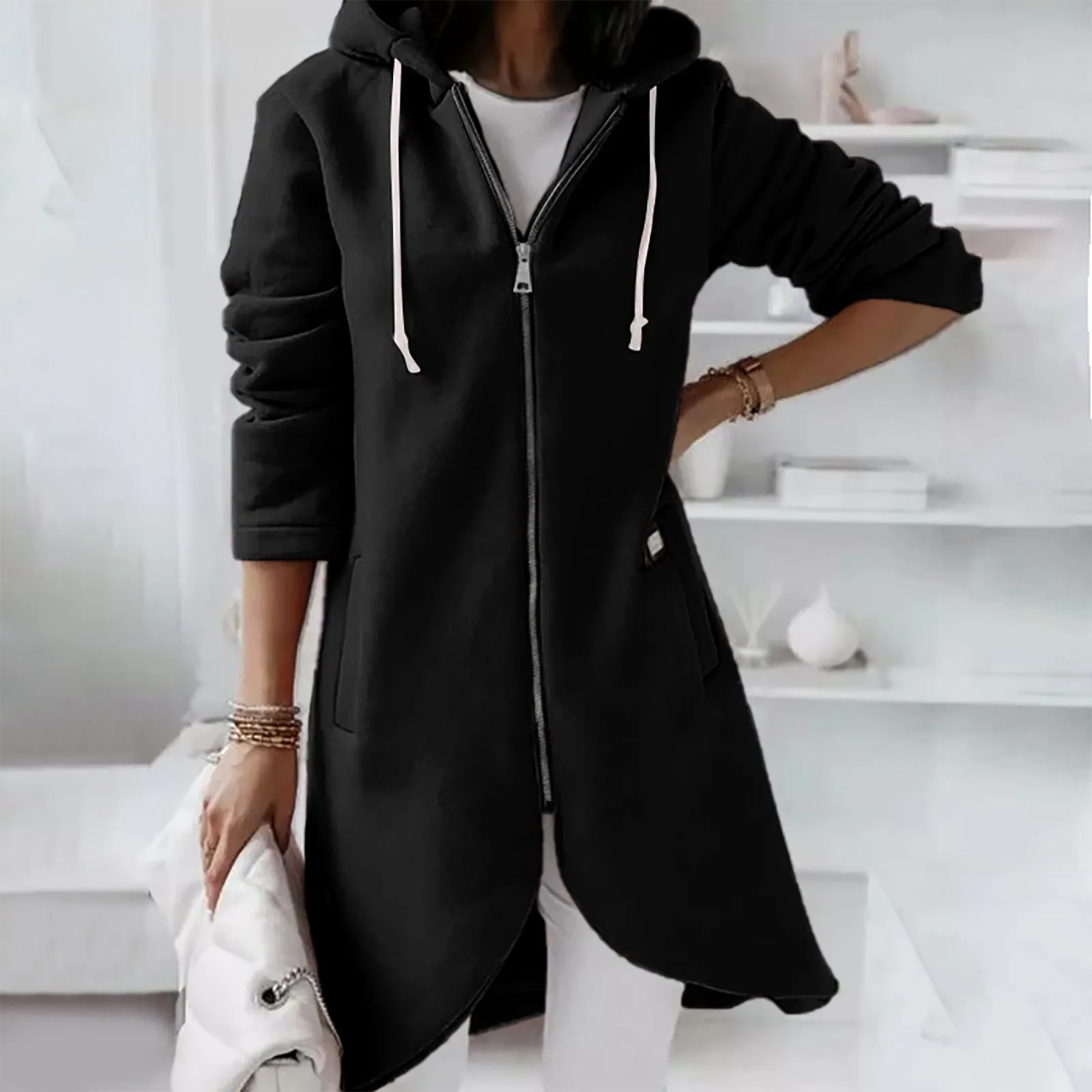 

Solid Color Curved Hem Zipper Cardigan Hooded Sweatshirt Women Double Pockets Hoodie Autumn Winter Commuter Thickened Outerwear