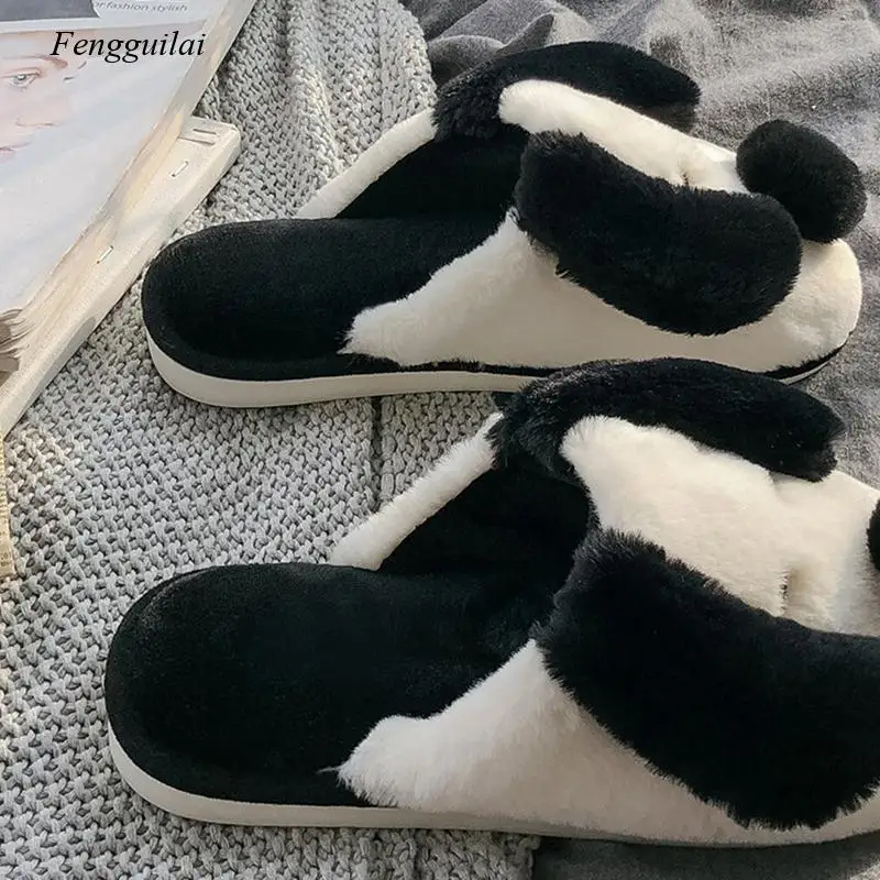 Winter House Fur Slippers Warm Cotton Shoes Cute Lovely Cartoon Dog Indoor Bedroom Women Men Ladies Lovers Couple Furry Slippers