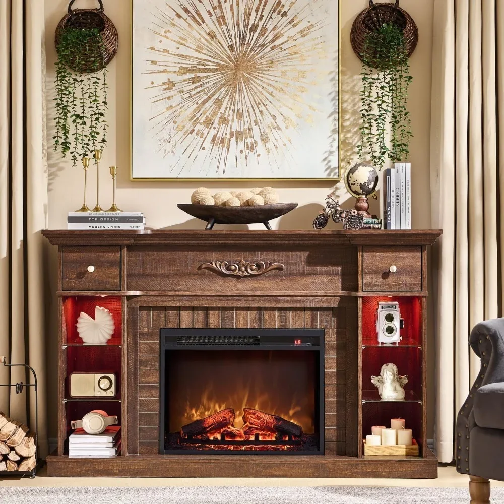 

54" Farmhouse Electric Fireplace w/ Mantel - 33" Tall LED TV Stand, 7 Color Lights, 23" Freestanding Heater"​