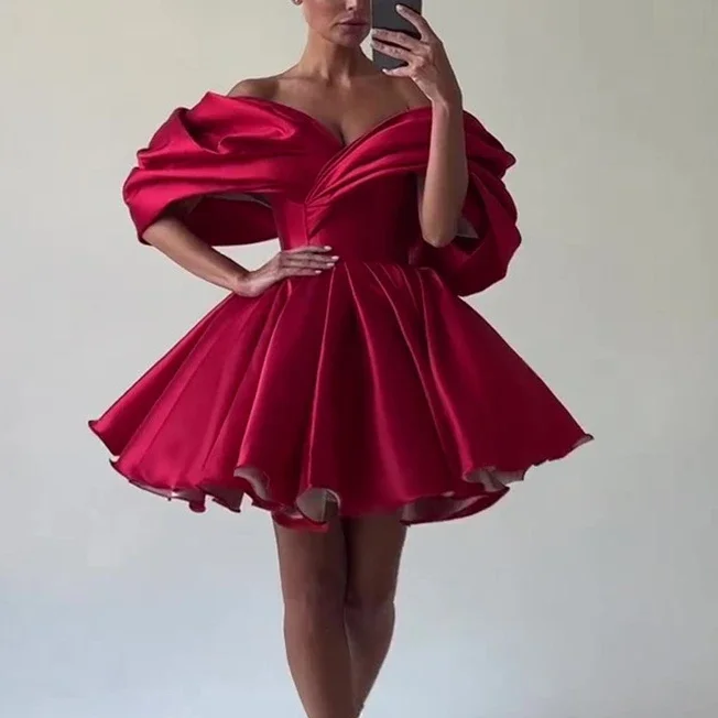 Roter Mini-Abschlussball, maßgeschneidert, schulterfrei, mit Schnürung, Ballkleid aus Seide, A-Linie, Heimkehr-Cocktailkleid, Feiern, Abschlussballkleider, Vestidos