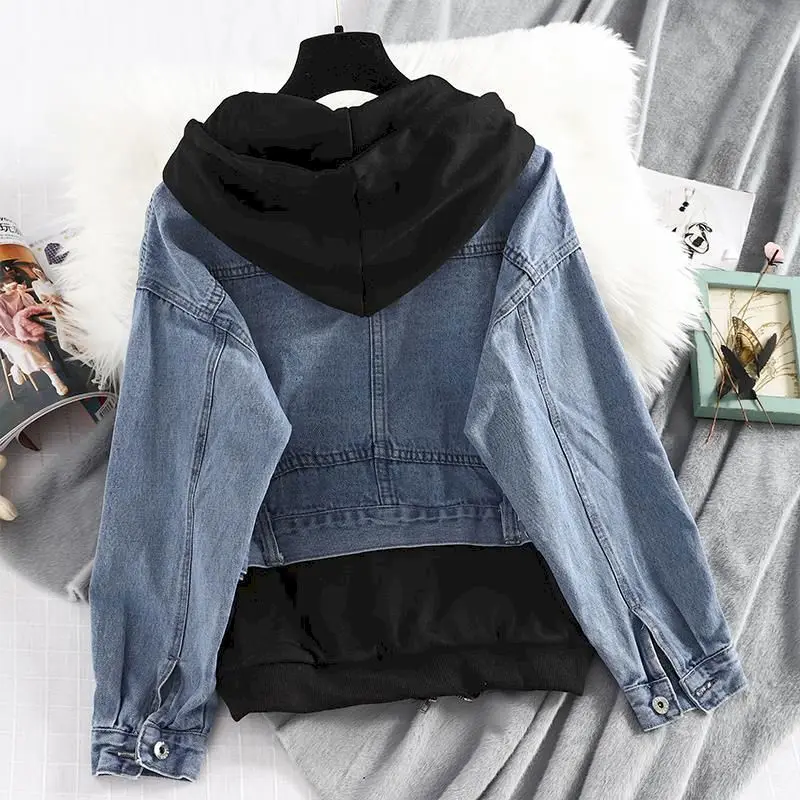 Patchwork Fake Two-piece Hoodies Women Spring Autumn Trend Hooded Denim Jacket Fashion Fried Street Loose Zip Up Cardigan Hoodie