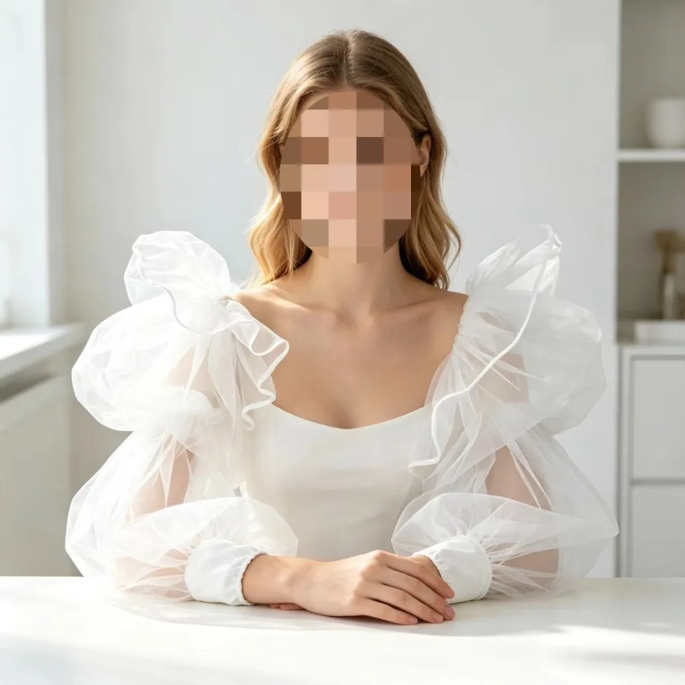 Elegant White Organza Puff Sleeve White Gloves for Bride Wedding Dress Wedding Accessories Removable Fingerless Opera Glove