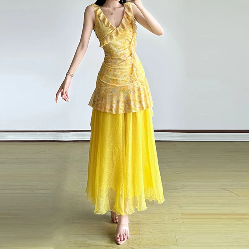 „Zeyla 2025 Sommer-Sommerkleid mit Blumenmuster für Damen, V-Ausschnitt, Rüschen, durchsichtiges Maxikleid, gelbes Strandurlaub-Outfit“