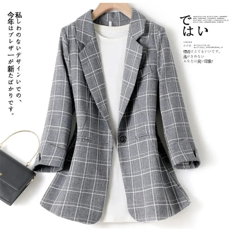 

Women Blazer Plaid Coat 2022 New Summer Notched Collar Business Suits Work Office Ladies Suit Jacket Casual Vintage Blazers 4XL