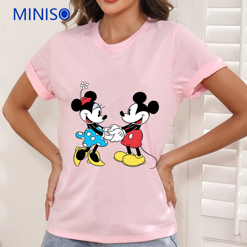 

Clothes Trends 2025 New Disney Mickey Minnie Printed Cotton T-shirt For Couples Round Neck Loose Top Plus Size Woman Clothing
